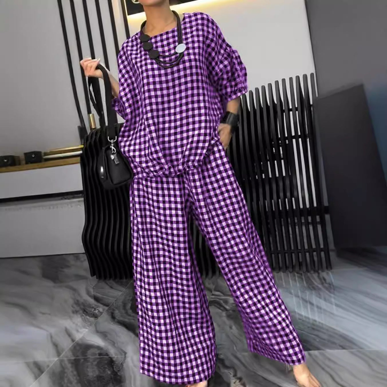 Women's Elastic Drawstring Wide-leg Pants Suit - Chic Angle